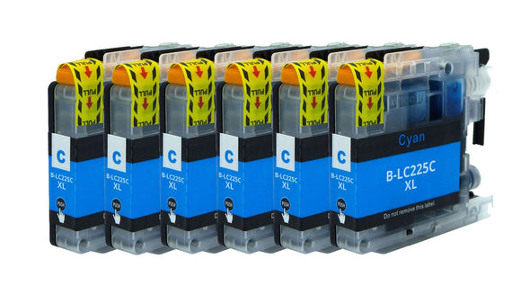 6 Compatible 225XLC, Cyan Ink Cartridges, Replaces For Brother LC225XLC LC-225XLC NON-OEM