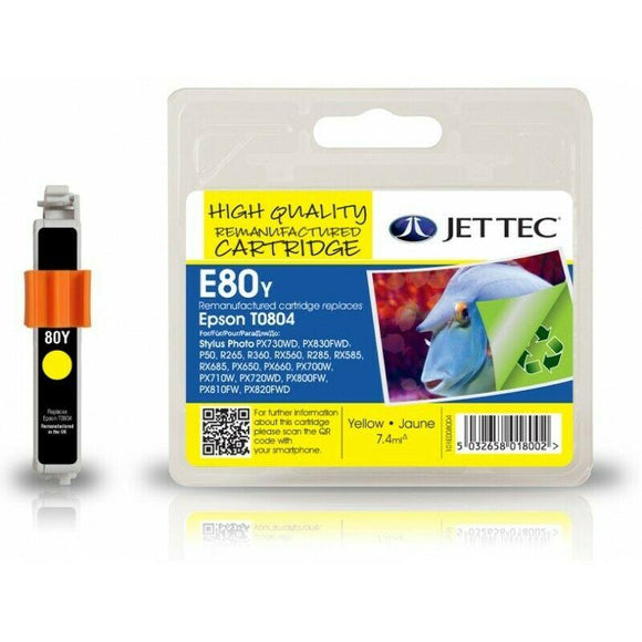 JET TEC E80Y, Yellow Remanufactured Ink Cartridge, Replaces For Epson T0804, C13T08044012