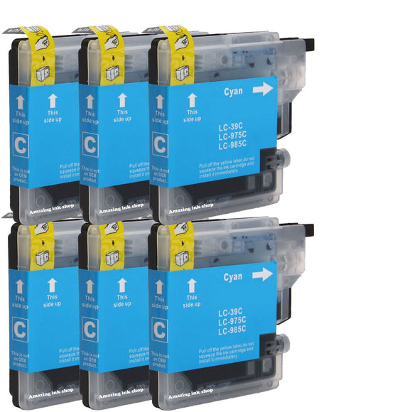 6 Cyan Compatible Ink Cartridges, Replaces For Brother LC985C, LC-985C NON-OEM