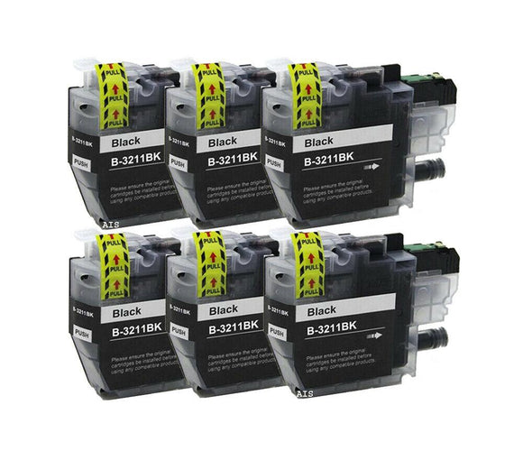 6 Compatible Black Ink Cartridges, For Brother LC3211BK, LC-3211BK NON-OEM