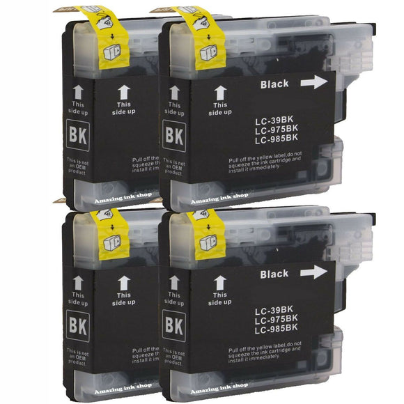4 Black Compatible Ink Cartridges, For Brother LC985, LC-985BK NON-OEM