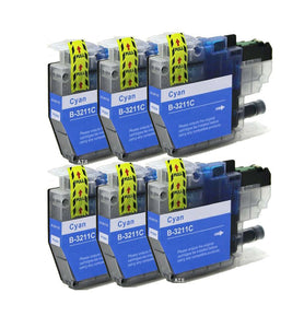 6 Compatible Cyan Ink Cartridges, For Brother LC3211C, NON-OEM