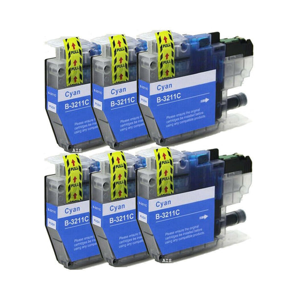 6 Compatible Cyan Ink Cartridges, For Brother LC3211C, NON-OEM