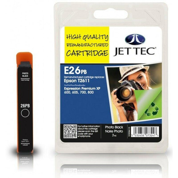 JET TEC E26PB Photo Black Ink Cartridge Replaces For Epson 26 T2611 NON-OEM
