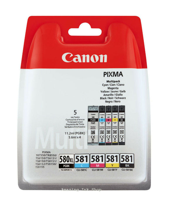 Genuine Canon 5 Colour Multipack Ink Cartridge, PGI-580PGBKXL, CLI-58BKCMY
