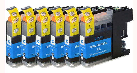 6 Compatible LC123, Cyan Ink Cartridges, Replaces For Brother LC123C, LC-123C, NON-OEM