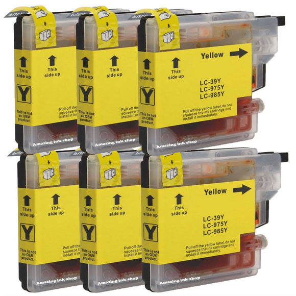 6 Yellow Compatible Ink Cartridges Replace Replaces For Brother LC985 LC-985Y NON-OEM