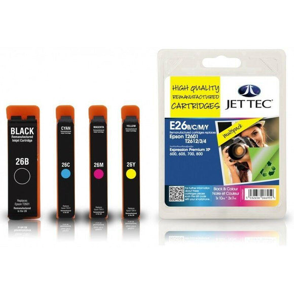 JetTec E26BCMY Multipack Set of 4 Ink Cartridges, Replaces For Epson 26 26XL T2616 T2636