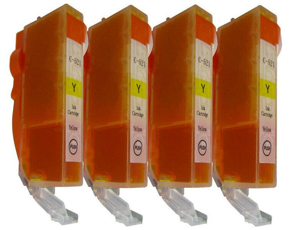 4 Yellow Compatible Ink Cartridges, Replaces For Canon CLI521Y, CLI-521Y NON-OEM