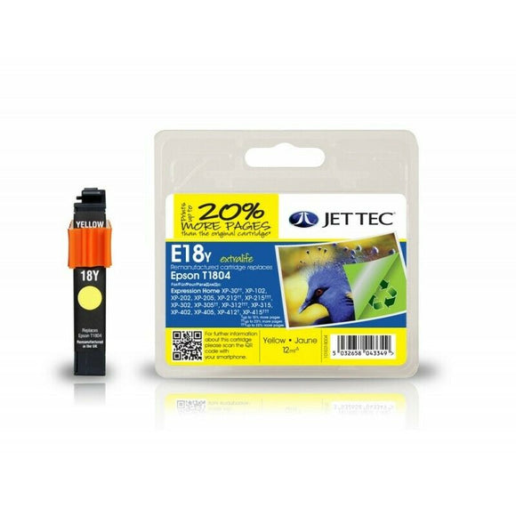 Jet tec E18Y Yellow Remanufactured Ink Cartridge, Replaces For Epson 18, T1804