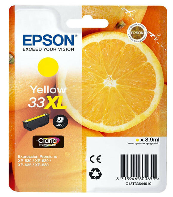 Genuine Epson 33XL, Oranges Yellow Ink Cartridges, T3364, C13T33644012