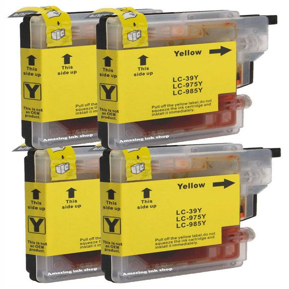 4 Yellow Compatible Ink Cartridges, For Brother LC985, LC-985Y, NON-OEM