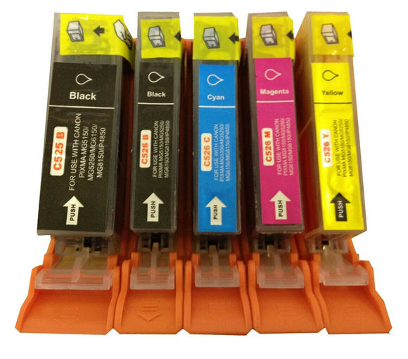 5 Ink Cartridges, Replaces For Canon PGI-525BK, CLI-526BK, CLI-526C, CLI-526M, CLI-526Y