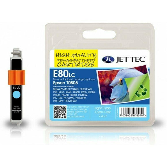 Jet Tec E80LC, Light Cyan Remanufactured Ink Cartridge, Replaces For Epson T0805, C13T08054012