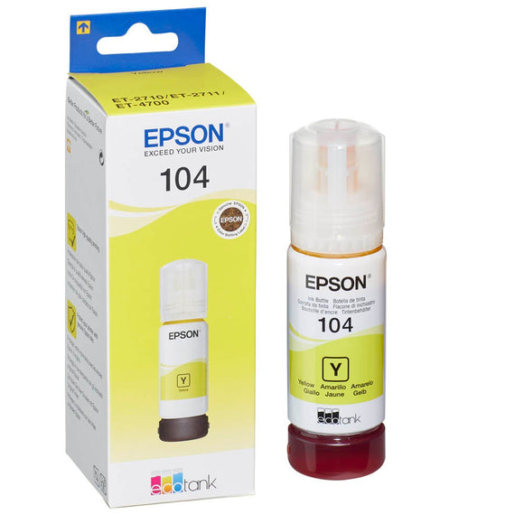 Genuine Epson 104, Yellow Ecotank Ink Bottle, T00P4, C13T00P440, 65ml
