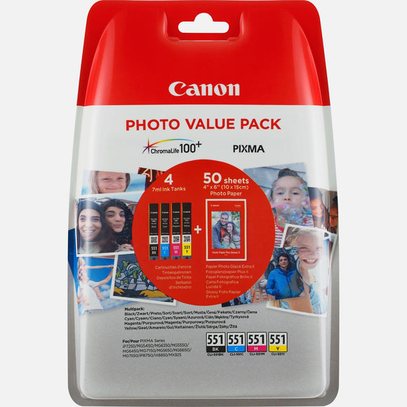 Genuine Canon CLI-551, Photo Paper Multipack Ink Cartridge, 50 Sheets 4x6, 6508B005