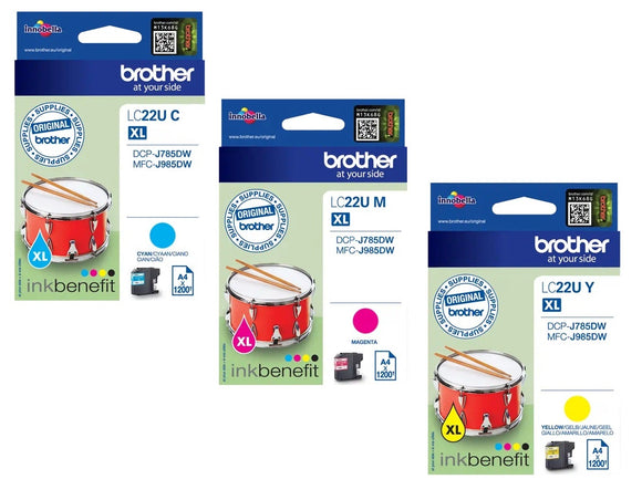 Genuine Brother LC22U, High Capacity Multipack Ink Cartridges, LC-22UCMY, XL