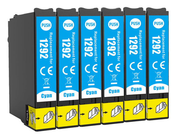6 Compatible E1292, Cyan Ink Cartridges, Replaces For Epson T1292, NON-OEM