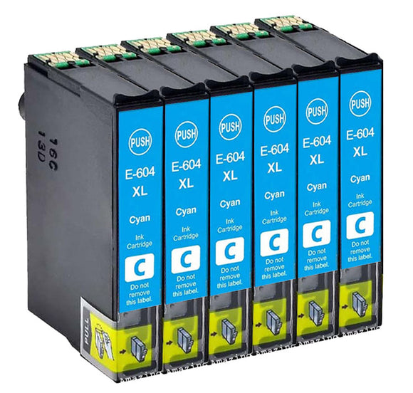 6 Compatible Cyan Ink Cartridges, For Epson 604XL, T10H2, NON-OEM