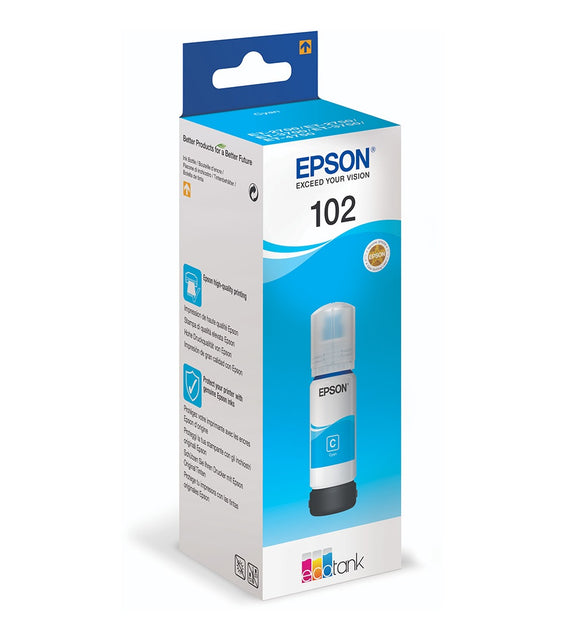 Genuine Epson 102, EcoTank Cyan ink bottle, T03R2, C13T03R240, 70ml
