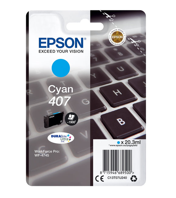 Genuine Epson 407, Keyboard L Cyan Ink Cartridge, T07U2, C13T07U240