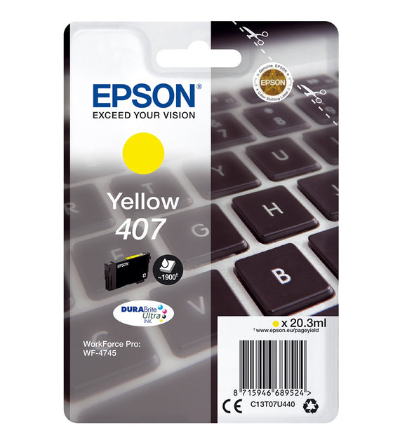 Genuine Epson 407, Keyboard L Yellow Ink Cartridge, T07U4, C13T07U440