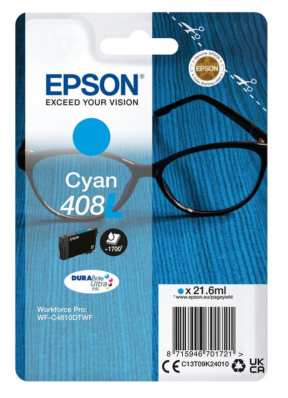 Genuine Epson 408L, Spectacles Cyan Ink Cartridge, T09K2, C13T09K24010