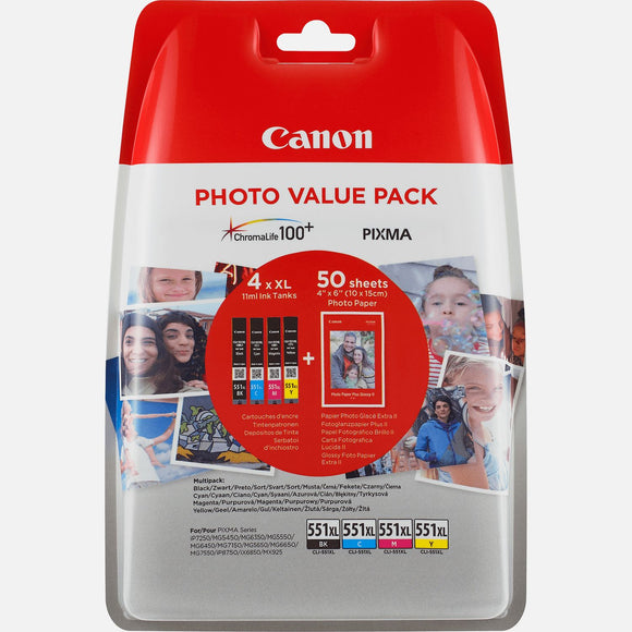 Canon CLI-551XL, Photo Paper Multipack Ink Cartridge, 50 Sheets 4x6, 6443B006