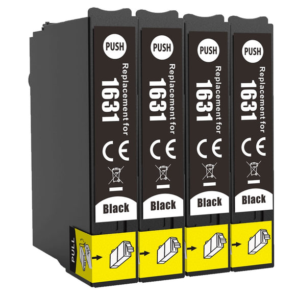 4 Compatible Black Ink Cartridges, Replaces For Epson 16XL, T1631, NON-OEM