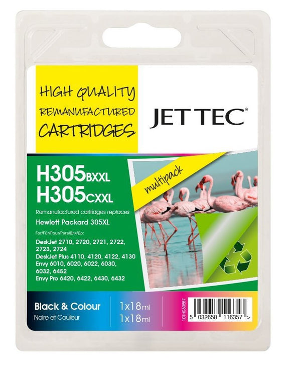 JET TEC H305XXL, Multipack Black & Colour Ink Cartridges, For HP 305XL 6ZA94AE