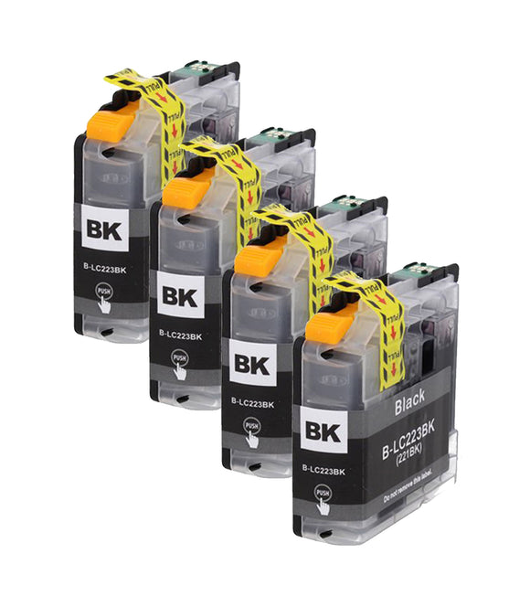 4 Black Compatible Ink Cartridges, Replaces For Brother LC221BK, LC-223BK NON-OEM