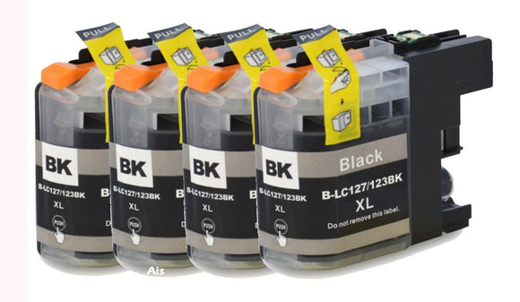 4 Compatible LC123, Black Ink Cartridges, Replaces For Brother LC123BK, LC-123BK, NON-OEM