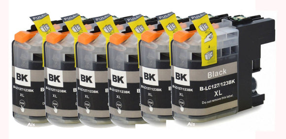6 Compatible LC123, Black Ink Cartridges, Replaces For Brother LC123BK, LC-123BK, NON-OEM