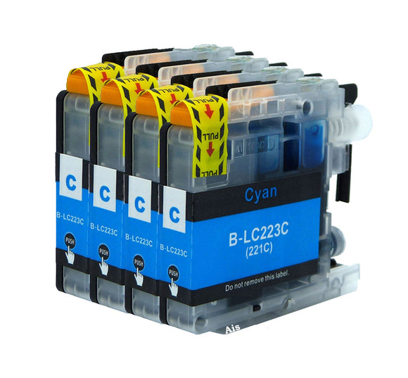 4 Cyan Compatible Ink Cartridges Replaces For Brother LC221C, LC223C, NON-OEM