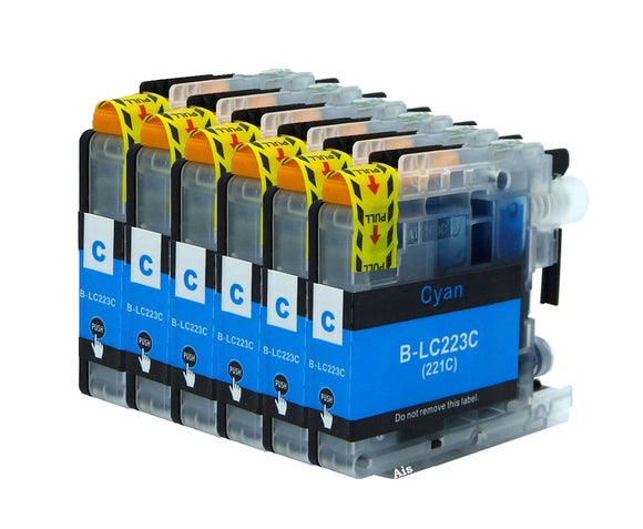 6 Cyan Compatible Ink Cartridges, Replaces For Brother LC221C, LC223C, NON-OEM