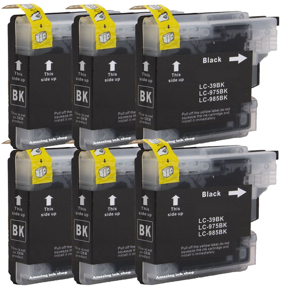 6 Black Compatible Ink Cartridges, For Brother LC985, LC-985BK NON-OEM