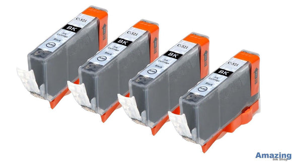 4 Compatible Black Ink Cartridges, Replaces For Canon CLI-521, CLI-521BK, NON-OEM