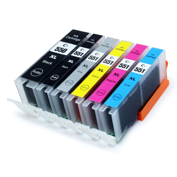 6 Compatible ink Cartridges, For Canon PGI-550XLBK, CLI-551BKCMYGY, NON-OEM