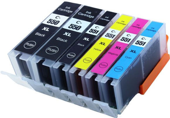 6 Compatible ink Cartridges, For Canon PGI-550XLBK, CLI-551XLBKCMY, NON-OEM