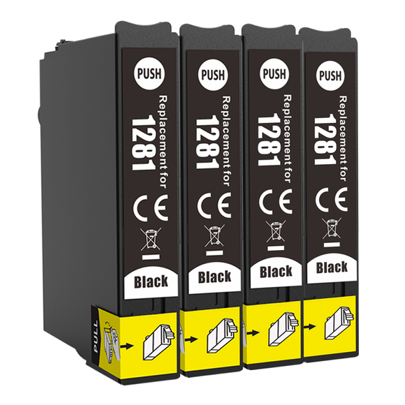4 Compatible Black Ink Cartridges, Replaces For Epson T1281, NOM-OEM