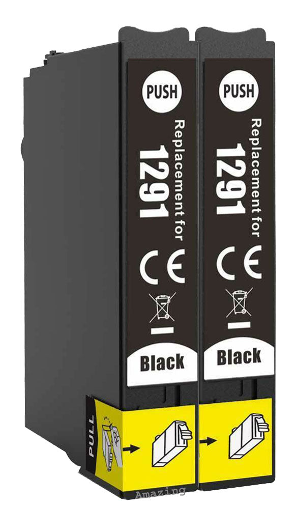 2 Compatible E1291, Black Ink Cartridge, Replaces For Epson T1291, NON-OEM