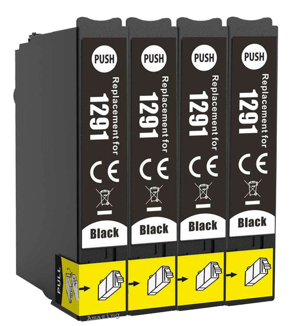 4 Compatible Black Ink Cartridges, For Epson T1291, NON-OEM