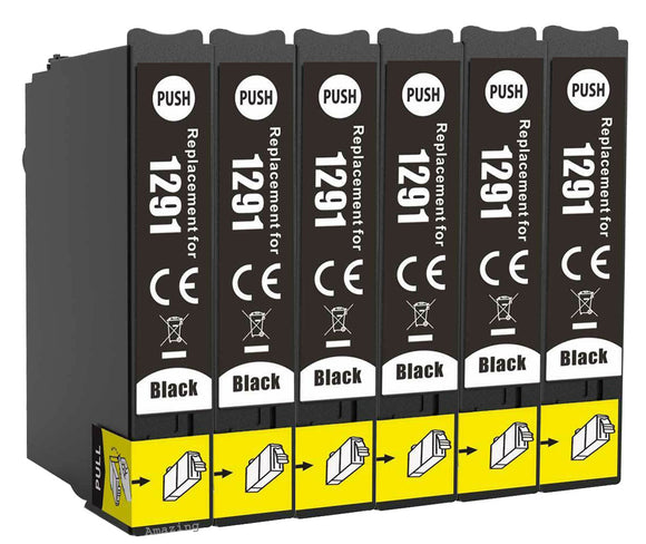6 Compatible E1291, Black Ink Cartridges, For Epson T1291, NON-OEM
