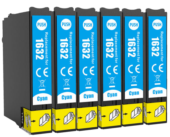 6 Compatible Cyan Ink Cartridges, Replaces For Epson 16XL, T1632, T163240, NON-OEM
