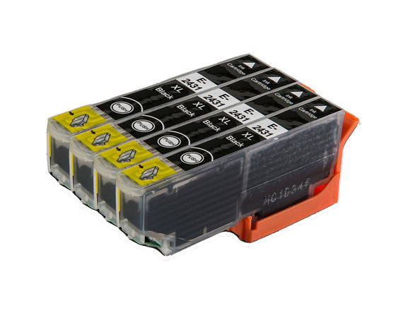 4 Compatible 24 XL, Black Ink Cartridges, Replaces For Epson 24XL, T2431, NON-OEM