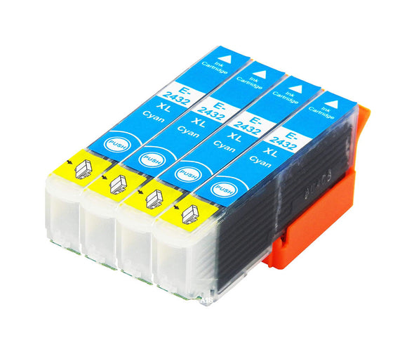 4 Compatible Cyan Ink Cartridges, Replaces For Epson 24XL, T2432, NON-OEM