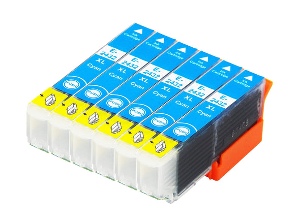 6 Compatible Cyan Ink Cartridges, Replaces For Epson 24XL, T2432, NON-OEM