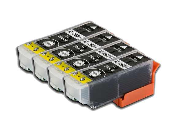 4 Compatible E26XL, Black Ink Cartridges For Epson 26XL, T2621, NON-OEM