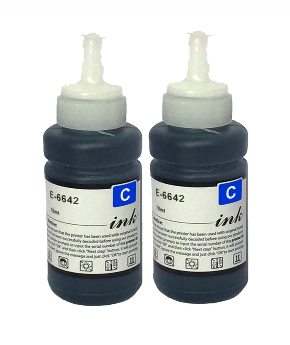 2 Compatible Cyan ink Bottles, Replaces For Epson EcoTank 664, T6642, NON-OEM