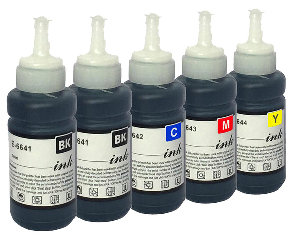 5 Colours Ink Bottles, For Epson EcoTank  T6641, T6642, T6643, T6644, NON-OEM